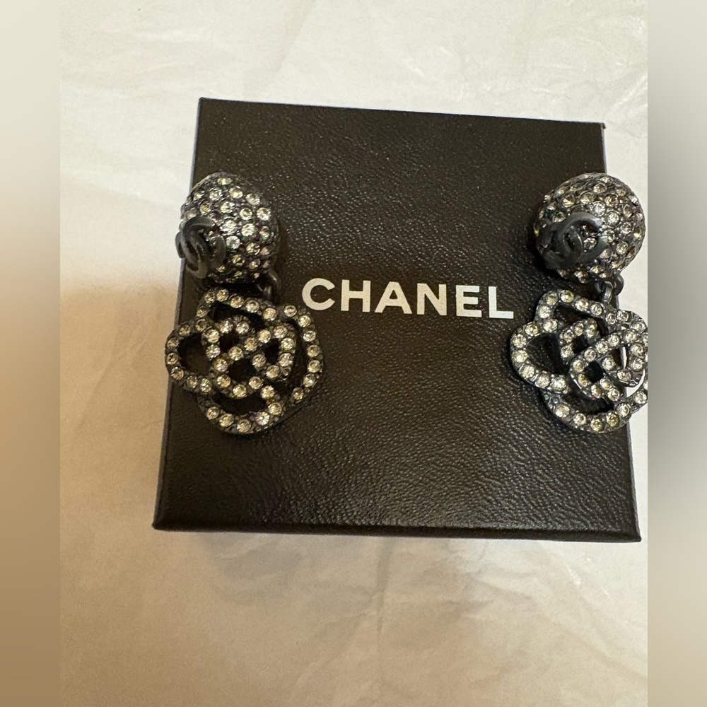 Authentic CHANEL Black and Silver Floral Earrings Pre- Owned